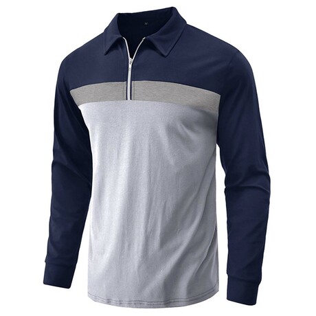 1/4 Zip Blocked Long-Sleeve Polo  // Blue + White (XS)