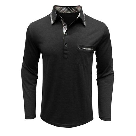 Neck Details Front Pocket Chest Long-Sleeve Polo // Black (XS)