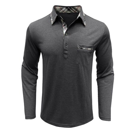 Neck Details Front Pocket Chest Long-Sleeve Polo // Dark Grey (XS)