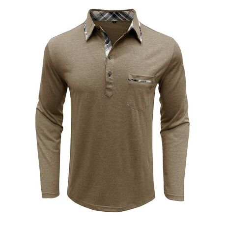 Neck Details Front Pocket Chest Long-Sleeve Polo // Khaki (XS)