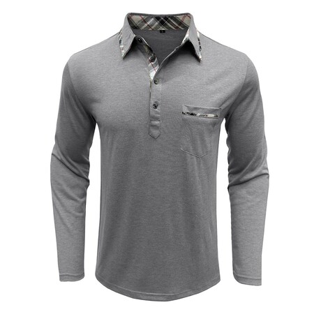 Neck Details Front Pocket Chest Long-Sleeve Polo // Light Gray (XS)