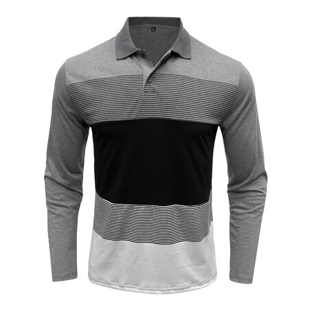 Blocked & Striped Long-Sleeve Polo // Light Gray (XS)