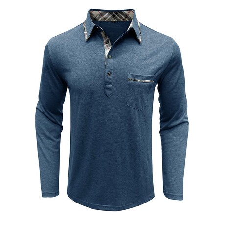 Neck Details Front Pocket Chest Long-Sleeve Polo // Blue (XS)