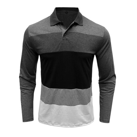 Blocked & Striped Long-Sleeve Polo // Dark Grey (XS)