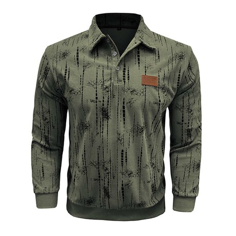 Abstract Pattern Corduroy Long-Sleeve Polo // Army Green (XS)
