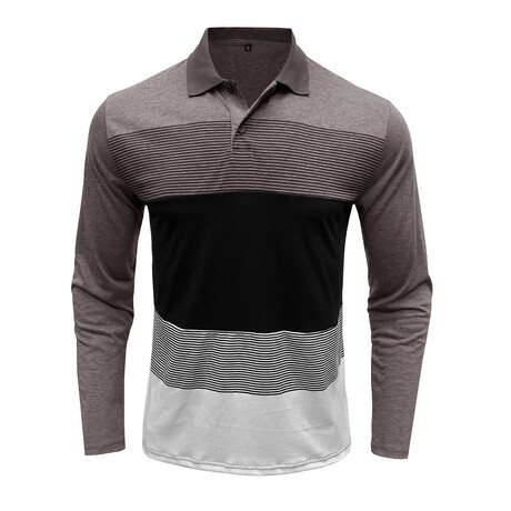 Blocked & Striped Long-Sleeve Polo // Brown (XS)