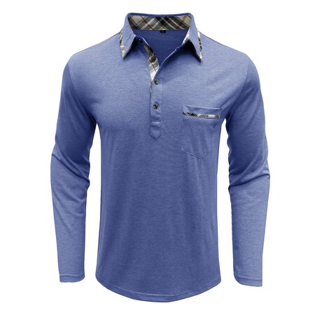 Neck Details Front Pocket Chest Long-Sleeve Polo // Light Blue (XS)