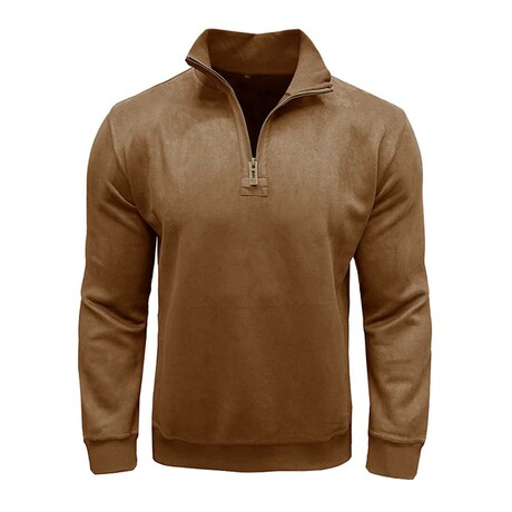 Faux Suede 1/4-Zip Long-Sleeve Pullover // Khaki (XS)