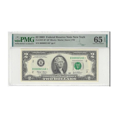 2003 STAR $ 2 Federal Reserve Note Low Serial # B 00002146