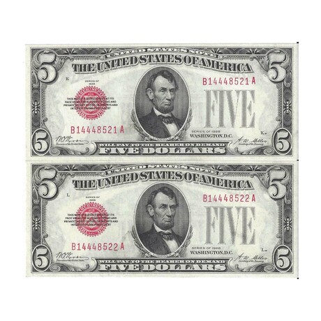 1928 $ 5 Legal Tender 2 CONSECUTIVE FANCY SERIAL NUMBER # 521 - # 522