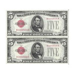 1928 $ 5 Legal Tender 2 CONSECUTIVE FANCY SERIAL NUMBER # 521 - # 522