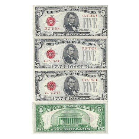 1928 D $ 5 Legal Tender KEY DATE!  3 CONSECUTIVE Notes # 550 - # 552