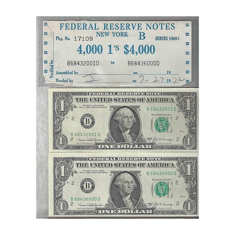 1969 $ 1 Federal Reserve New York Brick Label With Book End Notes