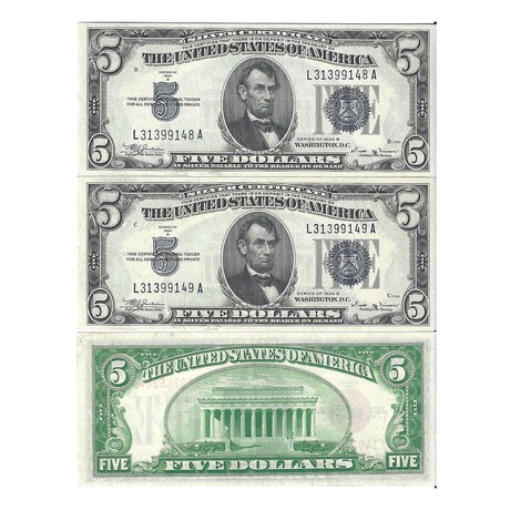 1934 B $ 5 Silver Certificate 2 CONSECUTIVE Notes # 148 - # 149