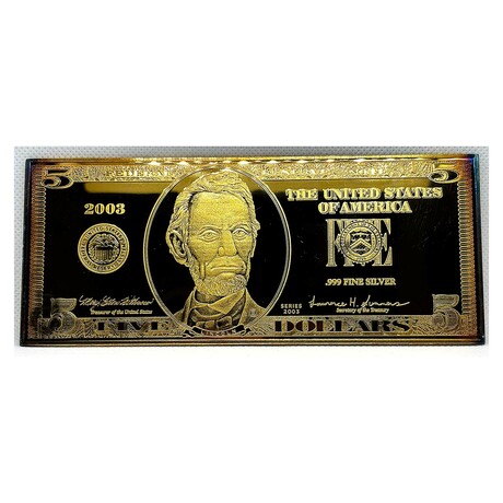 2003 $ 5 Federal Reserve 4 Ounce Silver Gold Colored Bar