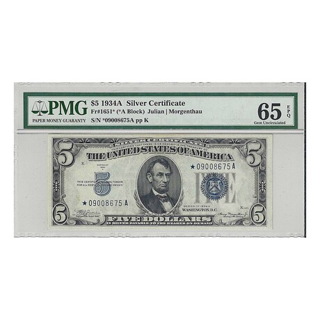 1934 A STAR $ 5 Silver Certificate LOW SERIAL NUMBER # 675