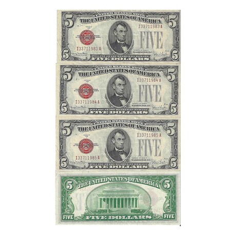 1928 F $ 5 Legal Tender 3 CONSECUTIVE Notes # 983 - # 985