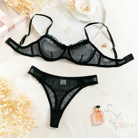Whisper Sheer 2 Piece Lingerie Set // Black (S)