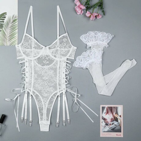 Vienna Lace-Up Sheer Lace 2 Piece White Bodysuit (S)