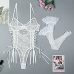 Vienna Lace-Up Sheer Lace 2 Piece White Bodysuit (M)