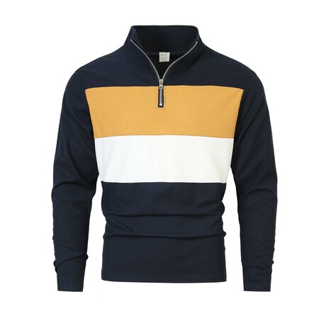 1/4-Zip High Neck Long-Sleeve Block T-Shirt // Navy + Yellow + White (XS)