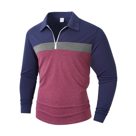 1/4-Zip Long-Sleeve Block T-Shirt // Blue + Gray + Red (XS)