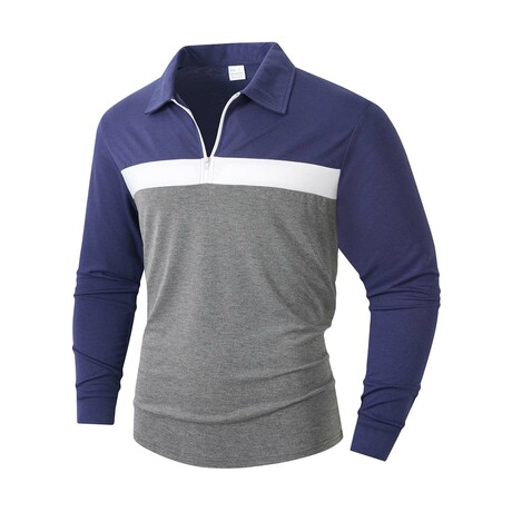 1/4-Zip Long-Sleeve Block T-Shirt // Blue + White + Gray (XS)