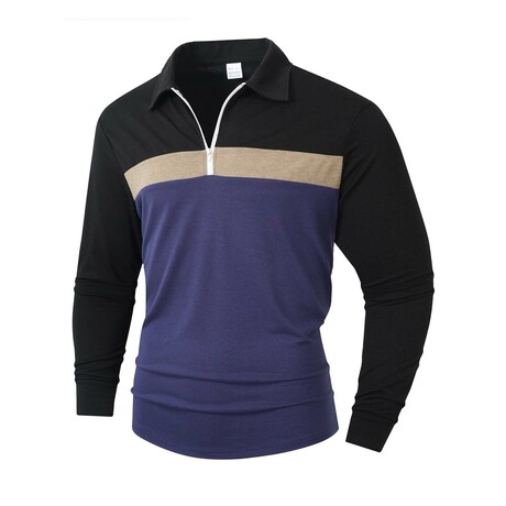 1/4-Zip Long-Sleeve Block T-Shirt // Black + Beige + Blue (XS)