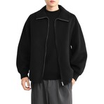 Boiled Wool Zip-up Knitted Jacket // Black (M)