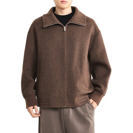 Boiled Wool Zip-up Knitted Jacket // Dark Brown (XS)