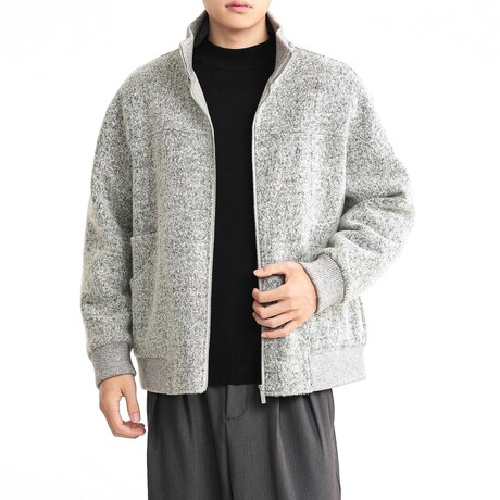 Zip-Up High Neck Herringbone Jacket // Light Gray (XS)