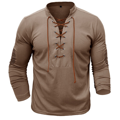 Drawstring V-Neck Long-Sleeve Henley // Khaki (XS)