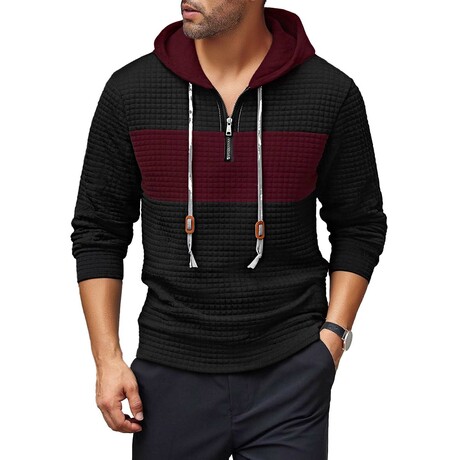 1/4-Zip Blocked Waffled Texture Hoodie // Black + Red (XS)