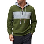 1/4-Zip Blocked Waffled Texture Hoodie // Green + Gray (S)