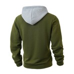 1/4-Zip Blocked Waffled Texture Hoodie // Green + Gray (S)