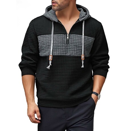 1/4-Zip Blocked Waffled Texture Hoodie // Black + Gray (XS)