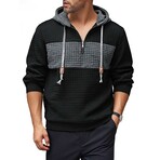 1/4-Zip Blocked Waffled Texture Hoodie // Black + Gray (XS)