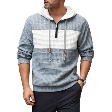 1/4-Zip Blocked Waffled Texture Hoodie // Gray + White (XS)