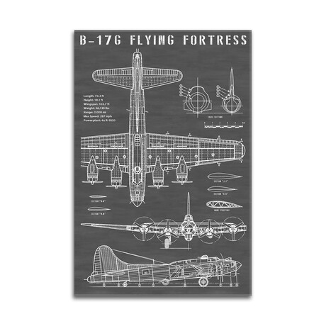 B-17 Vintage Bomber Airplane | Black Print on Acrylic Glass by Action Blueprints (16"H x 24"W x 0.25"D)