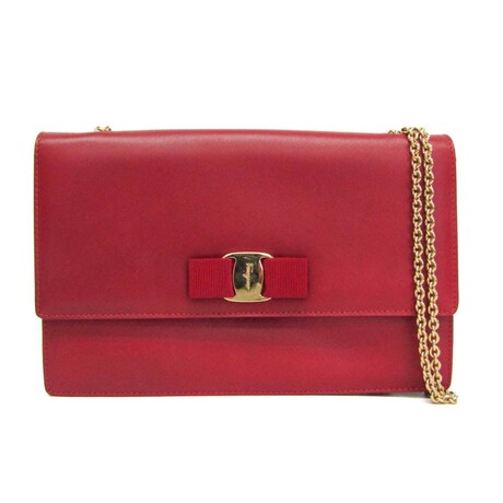 Ferragamo // Leather Vara Chain Shoulder Bag // Red  // Pre-Owned