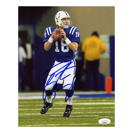Peyton Manning // IND Colts // Signed Blue Jersey 'Two Hands On Ball' Photo