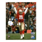 Joe Montana // SF 49ers // Signed Arms Raised Red Jersey Photo