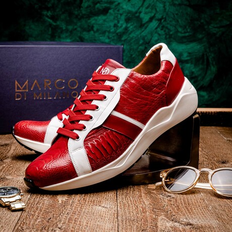 LYON // Ostrich Leg + Calf Leather Sneakers // Red, White (8)