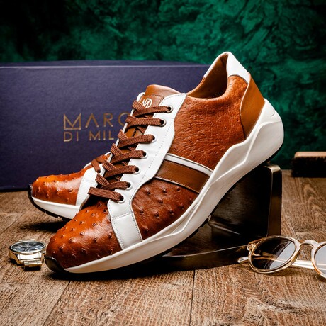 LYON II // Ostrich + Calf Leather Sneakers // Brandy, White (8)