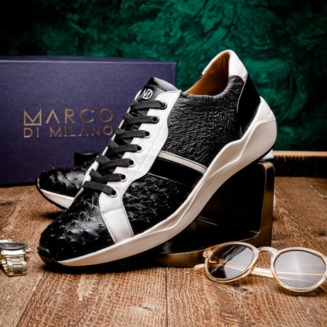 LYON II // Ostrich + Calf Leather Sneakers // Black, White (8)