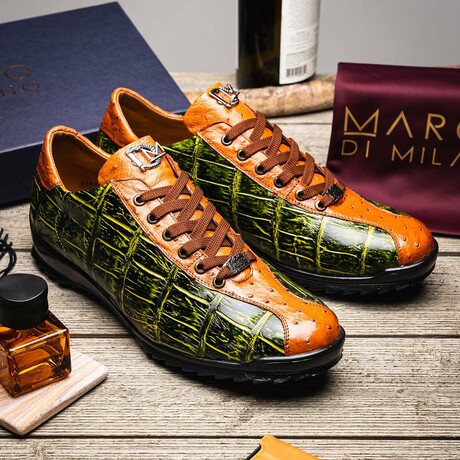 SAULO // Alligator + Ostrich Leather Sneakers // Green, Cognac (8)