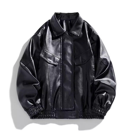 Faux Leather Front Placket w/ Chest Pockets Bomber Jacket // Black (XS)