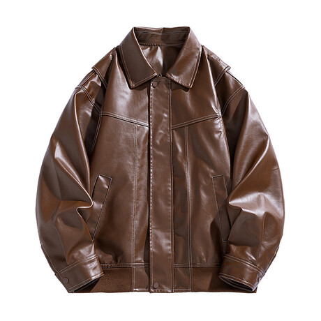 Faux Leather Front Placket Bomber Jacket // Brown (XS)