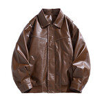 Faux Leather Front Placket Bomber Jacket // Brown (S)