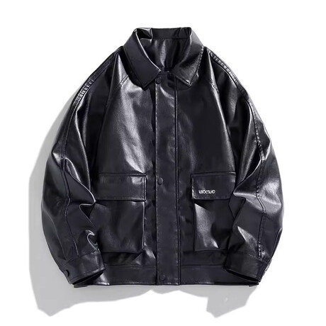 Faux Leather Front Placket w/ Flap Pockets Bomber Jacket // Black (XS)